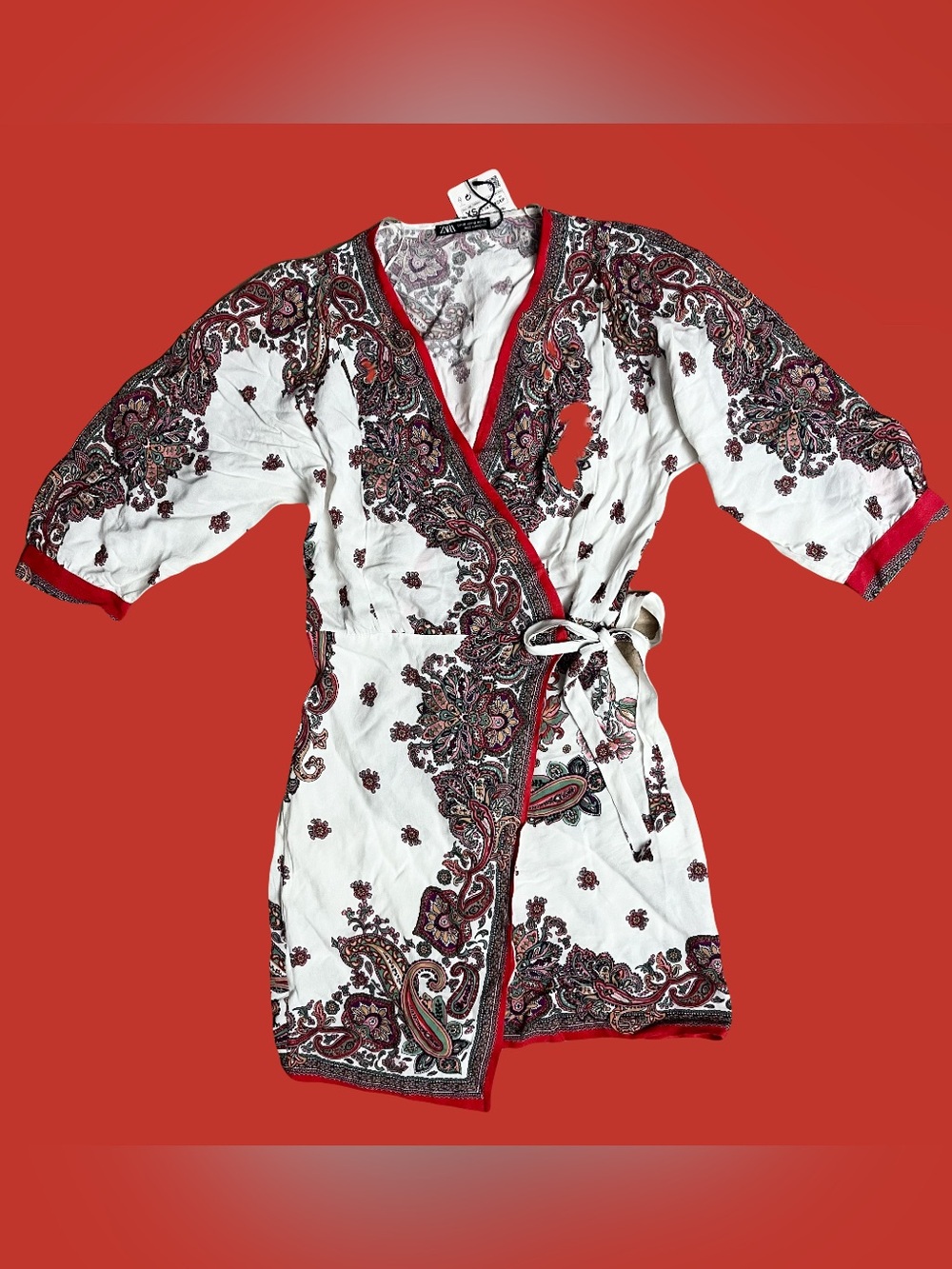 NWT Zara White Floral Red Trim Tie Waist Wrap Dress - XS / Retail $49.90